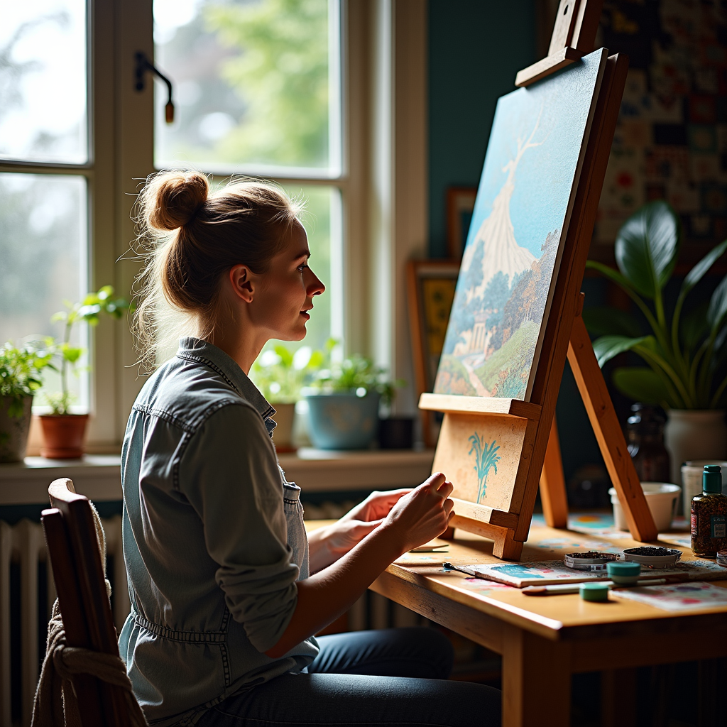 A person is focused on painting a landscape in a sunlit studio filled with plants.