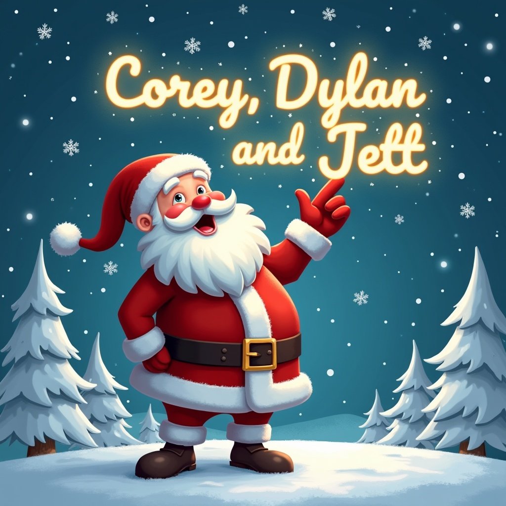 The image depicts a joyful Santa Claus standing in a winter wonderland. He is dressed in his traditional red suit with white trim and a matching hat. Santa is pointing upward as if he is magically writing a name in the sky. Snowflakes gently fall around him, adding to the festive atmosphere. In the sky, the names 'Corey, Dylan and Jett' are written in bright, glowing letters. The background features snowy trees, enhancing the Christmas scene.