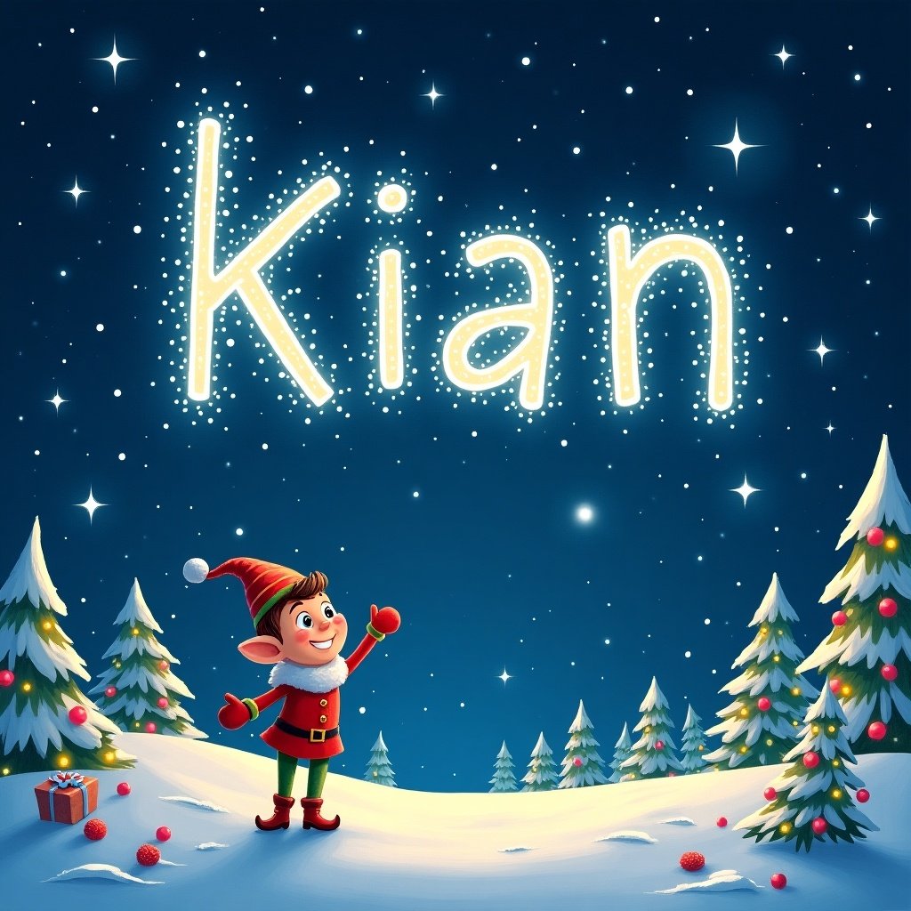 This image depicts a magical Christmas scene featuring a cheerful elf. The elf is joyfully writing the name 'Kian' in the starry night sky with twinkling lights. Snow-covered trees surround the scene, adding to the wintery atmosphere. There is a festive gift box near the elf, suggesting the holiday spirit. The overall composition evokes feelings of joy and wonder, perfect for a festive celebration.