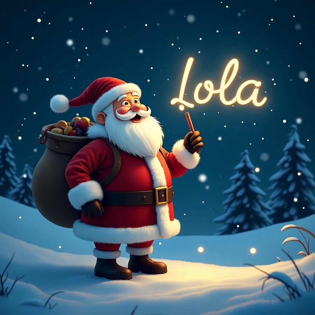 The image depicts a realistic Santa Claus standing in a snowy landscape during a winter night. Santa is cheerfully writing the name 'Lola' in the starry sky with a glowing pen. He is dressed in his classic red outfit with white fur trim, carrying a large sack filled with gifts on his back. The surroundings are adorned with snow-covered trees and a gentle snowfall, creating a magical atmosphere. The scene evokes a sense of joy and celebration, perfect for the holiday season.