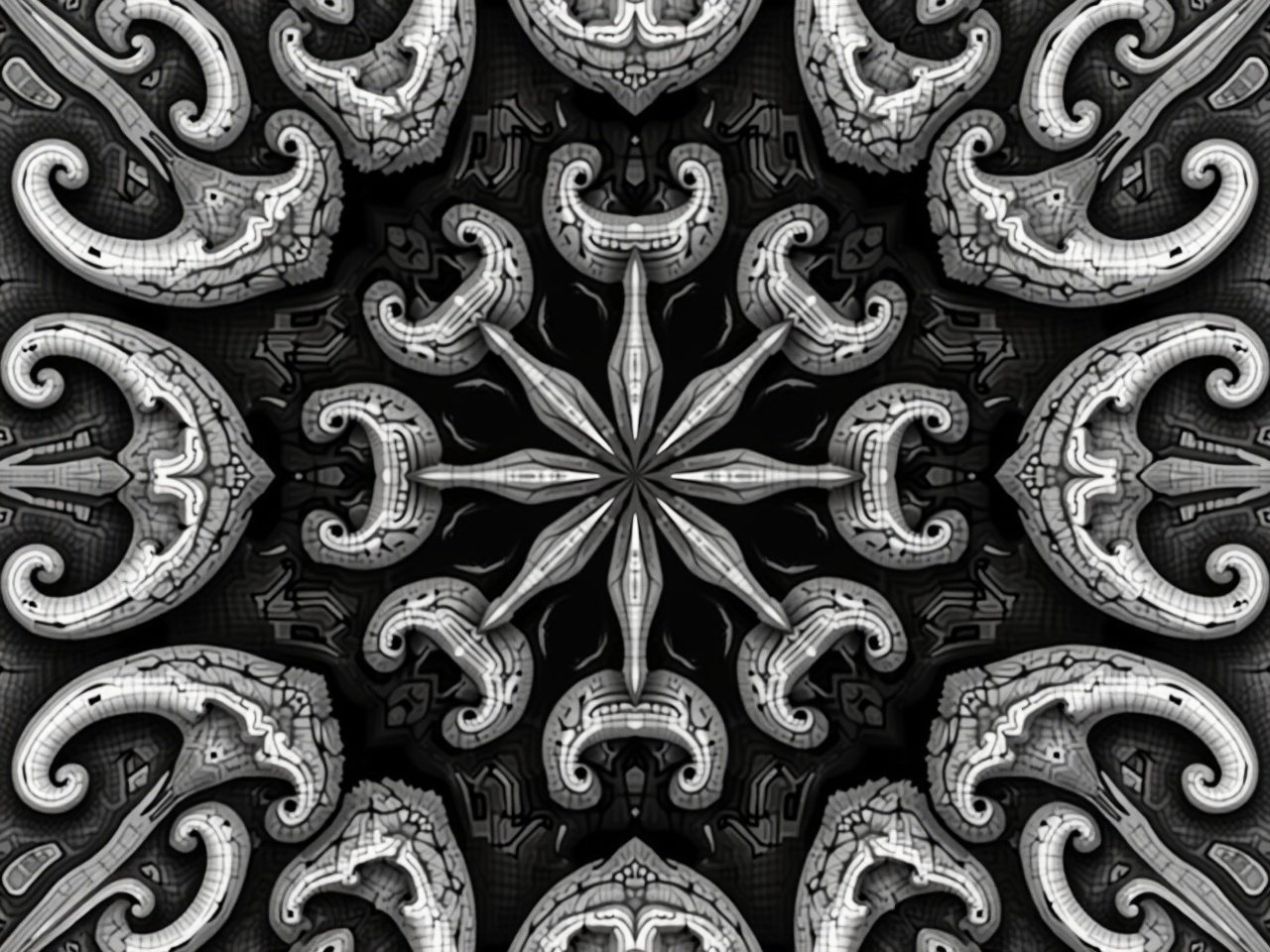 This digital artwork features a captivating symmetrical geometric pattern created in black and white. The design incorporates various shades of gray to add depth and texture, giving the illusion of three-dimensional forms. Central to the pattern are elements inspired by mushrooms, carefully arranged to create a harmonious look. The intricate detailing invites viewers to examine the craftsmanship involved in the creation of the design. Ideal for various applications, this artwork exemplifies modern aesthetics and artistic flair.