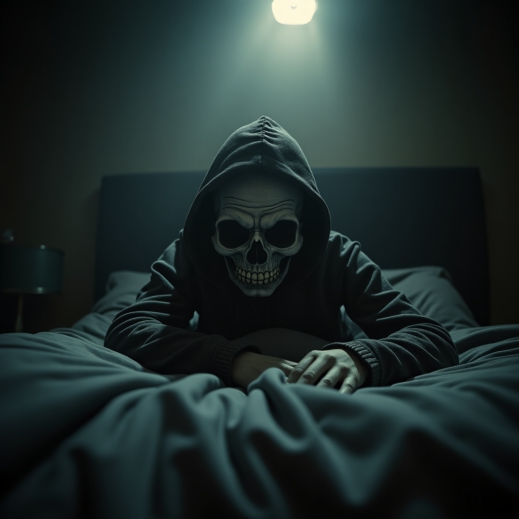 The image depicts a sinister and eerie scene set in a dimly lit room. A figure wearing a skull mask leans forward ominously on a bed. The figure is dressed in a hooded sweatshirt, adding to the mysterious vibe. The atmosphere is tense, with low light creating shadows. The bed is unmade, enhancing the unsettling feel of the scene. The viewer senses an imminent threat in this haunting composition that plays on fears of the unknown.