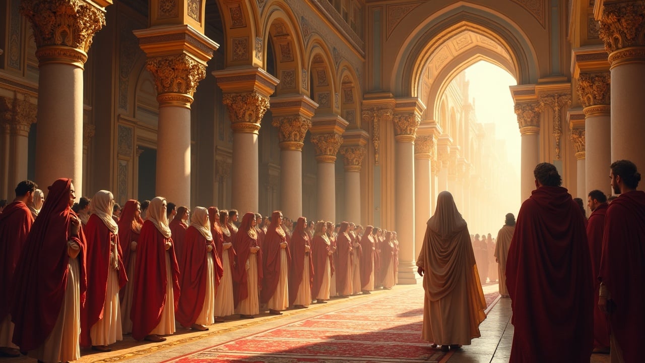 a group of people in red robes walking through an ancient, ornate architectural corridor illuminated by warm sunlight