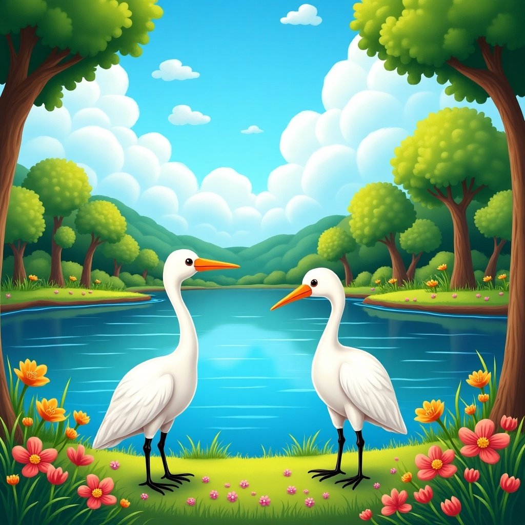 A colorful whimsical lakeside scene unfolds before us. Lush green trees surround a sparkling blue lake, creating a serene backdrop. Tall grass is adorned with bright, cheerful flowers adding pops of color to the landscape. Two white egrets stand by the water's edge, seemingly engaged in a joyful exchange. The sky above is vibrant blue, dotted with fluffy white clouds that enhance the scene's charm.