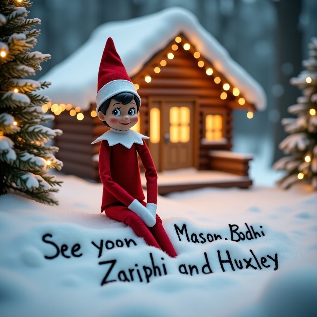 An elf on the shelf sits happily in a snowy landscape. He wears a red outfit with a white collar, complete with a festive hat. Behind him is a cozy cabin, warmly lit to create a magical holiday atmosphere. The ground is blanketed in soft, white snow, where he writes ‘See you soon Mason, Bodhi, Zarli and Huxley’ in the snow. Trees decorated with twinkling lights surround him, contributing to the peaceful winter scene that evokes the spirit of Christmas.