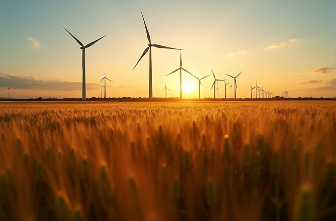 Golden wheat fields stretch out under a sunset sky with wind turbines in the distance.