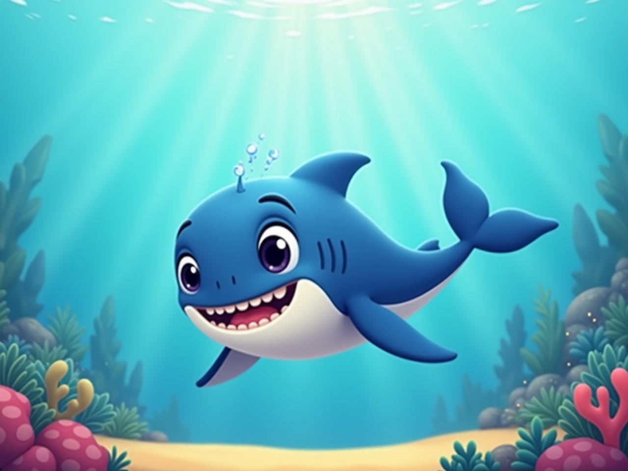 This image features a charming and friendly cartoon whale swimming gracefully underwater. The whale has big, expressive eyes and a broad, toothy smile, making it look inviting and playful. The underwater scene is vibrant with various corals in shades of pink and yellow, enhancing the cheerful ambiance. Soft rays of light penetrate the water, creating a magical atmosphere. This character is designed specifically for children's media, aiming to evoke happiness and curiosity in young viewers.