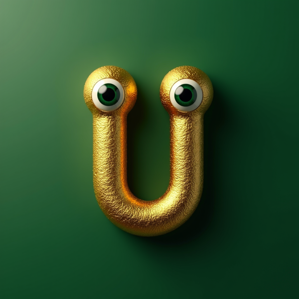 A textured, golden letter 'U' with large, cartoon-like eyes on a dark green background.