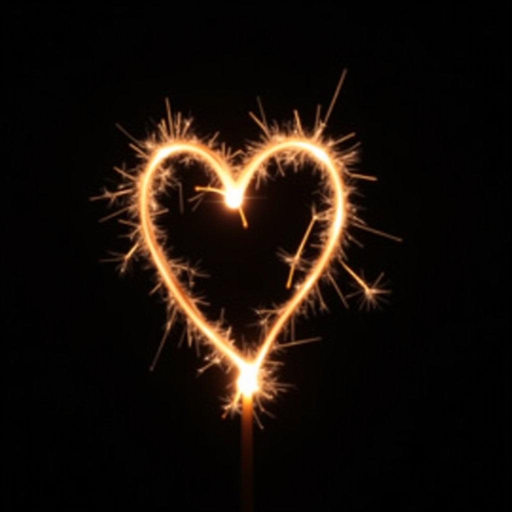 A glowing sparkler forms a bright heart shape against a dark background, with sparks radiating outward.