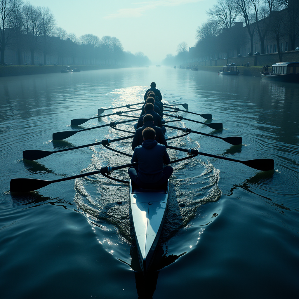 A rowing team glides smoothly on a calm river under a misty sky, surrounded by leafless trees.