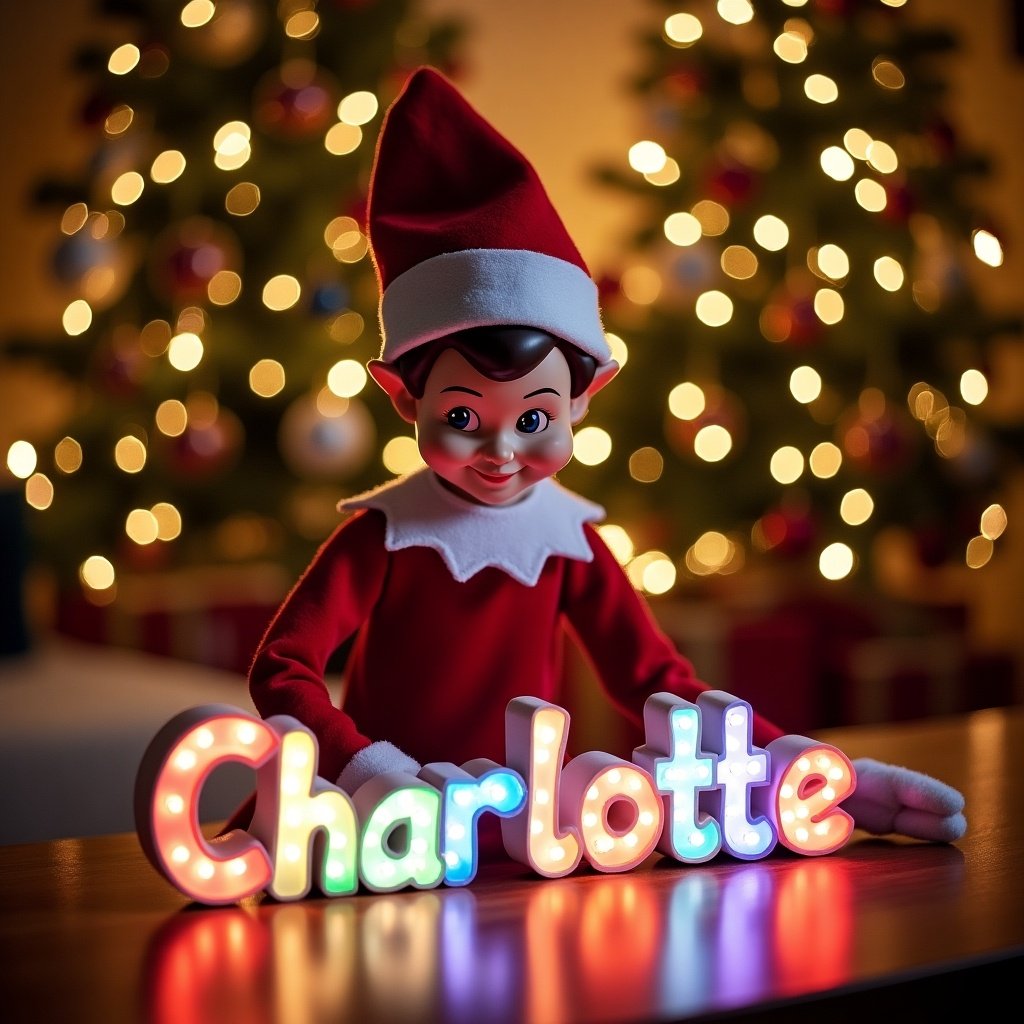 A joyful elf character is wearing a red and white outfit and happily spelling the name 'Charlotte' in illuminated, colorful letters. The elf is positioned against a beautifully decorated Christmas tree adorned with twinkling lights. The scene is filled with festive decorations, creating a warm and inviting atmosphere that captures the magic of the Christmas season. The background is softly lit, enhancing the cozy feel of the holiday cheer. This enchanting image epitomizes holiday joy, perfect for family celebrations and personalized gifts.