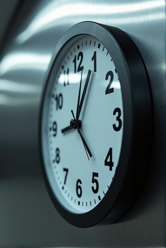 A classic round wall clock with a black frame and white face displaying the time as 10:08 against a blurred metallic background.