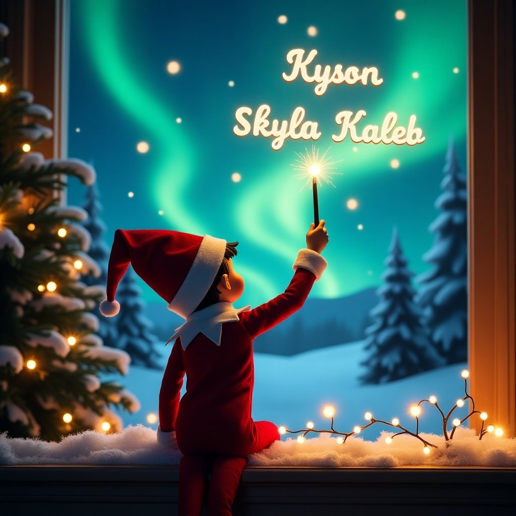 An enchanting Christmas scene featuring an elf on the shelf. The elf, dressed in red and white, wields a magic wand while sitting by a window. He is writing 'Kyson', 'Skyla', and 'Kaleb' in a glowing script above him. The backdrop is illuminated by vibrant northern lights, creating a magical atmosphere. Snow blankets the window sill, enhancing the festive feel. The overall ambiance captures the joy and excitement of the holiday season.