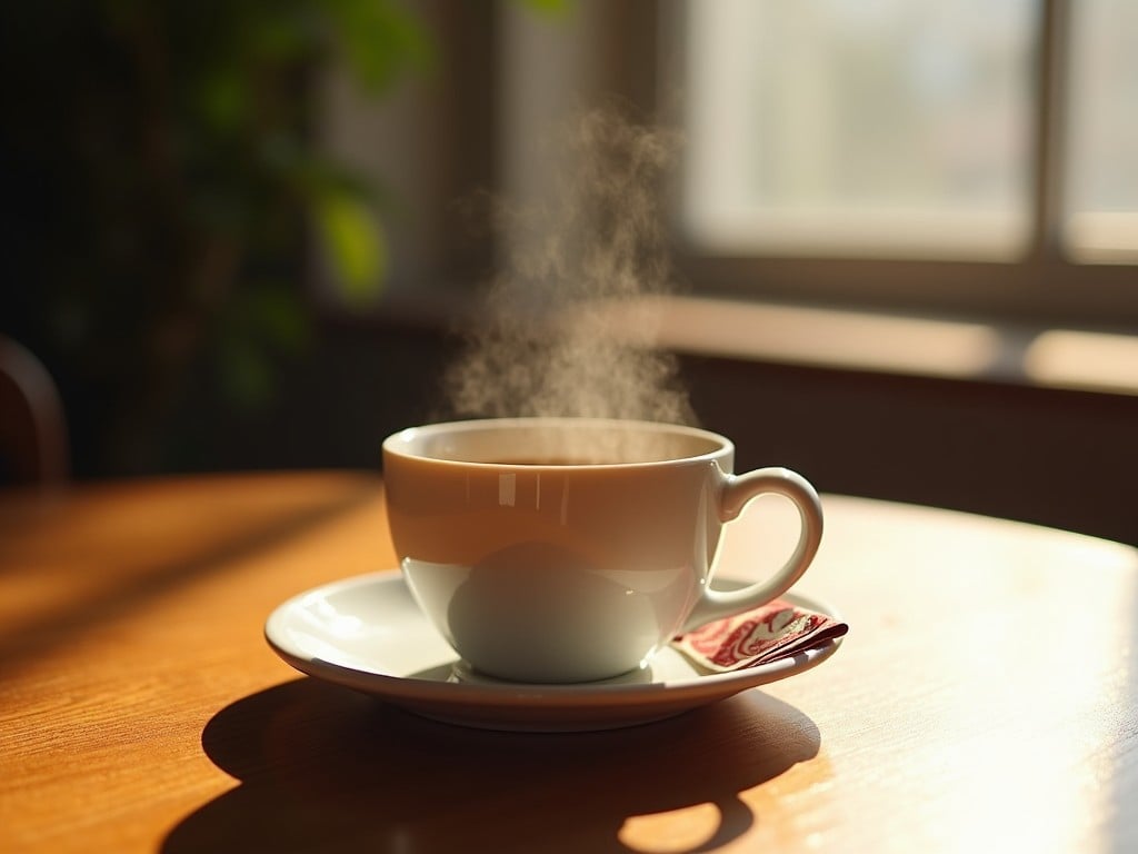 The image features a steaming cup of coffee positioned on a wooden table. The background is softly blurred, highlighting the cup as the main focal point. Natural light streams in through a window, creating a warm and inviting atmosphere. A small saucer is placed under the cup, adding a touch of elegance. The steam rising from the coffee suggests freshness and warmth, making it an appealing representation of a cozy moment. This scene captures the essence of enjoying a hot beverage in a comfortable environment.