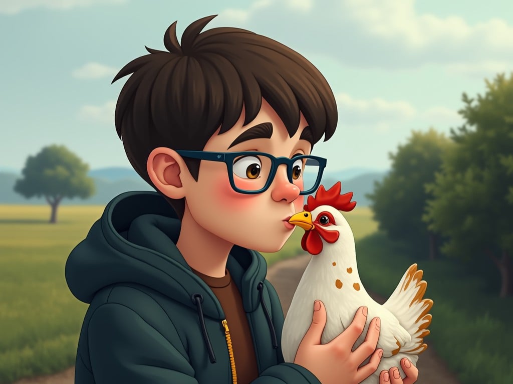 This illustration portrays a young boy wearing glasses and a dark hoodie, affectionately kissing a chicken on the head. The setting is outdoors, with a beautiful landscape of rolling fields and distant trees under a softly lit sky. The image radiates warmth and innocence, capturing a tender moment between the boy and his feathered companion.