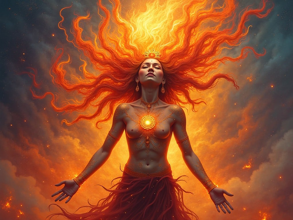 This artwork depicts a powerful woman embodying fire and light. She stands with her arms outstretched, emanating a radiant glow from her chest. Her hair flows like flames, cascading around her head. The background is a dramatic blend of fiery colors, creating an ethereal atmosphere. The overall theme revolves around feminine strength and mysticism.