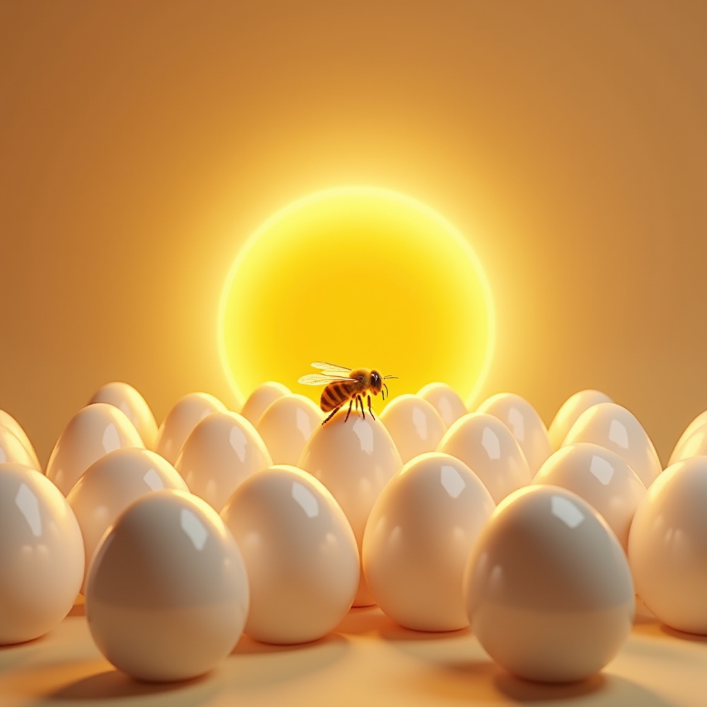 A bee perches atop a cluster of eggs with a radiant sun in the background.