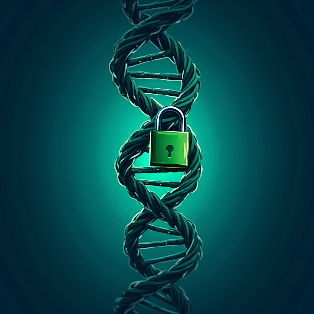 A DNA double helix intertwined with a green padlock, symbolizing genetic security.