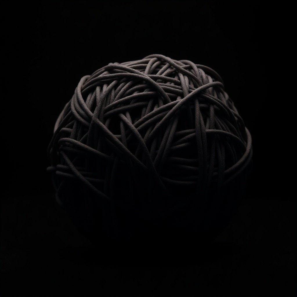 A tightly woven ball of dark string placed against a black background creates a striking visual. The dark colors enhance the ball's shape, providing contrast with the surroundings. The texture of the string adds depth to the image. Dramatic lighting emphasizes the contours, making it an intriguing subject. This minimalist composition evokes a sense of elegance and simplicity.