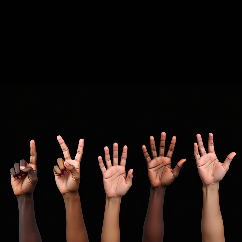 A row of hands raised against a black background, each displaying different numbers of fingers, symbolizing diversity and unity.