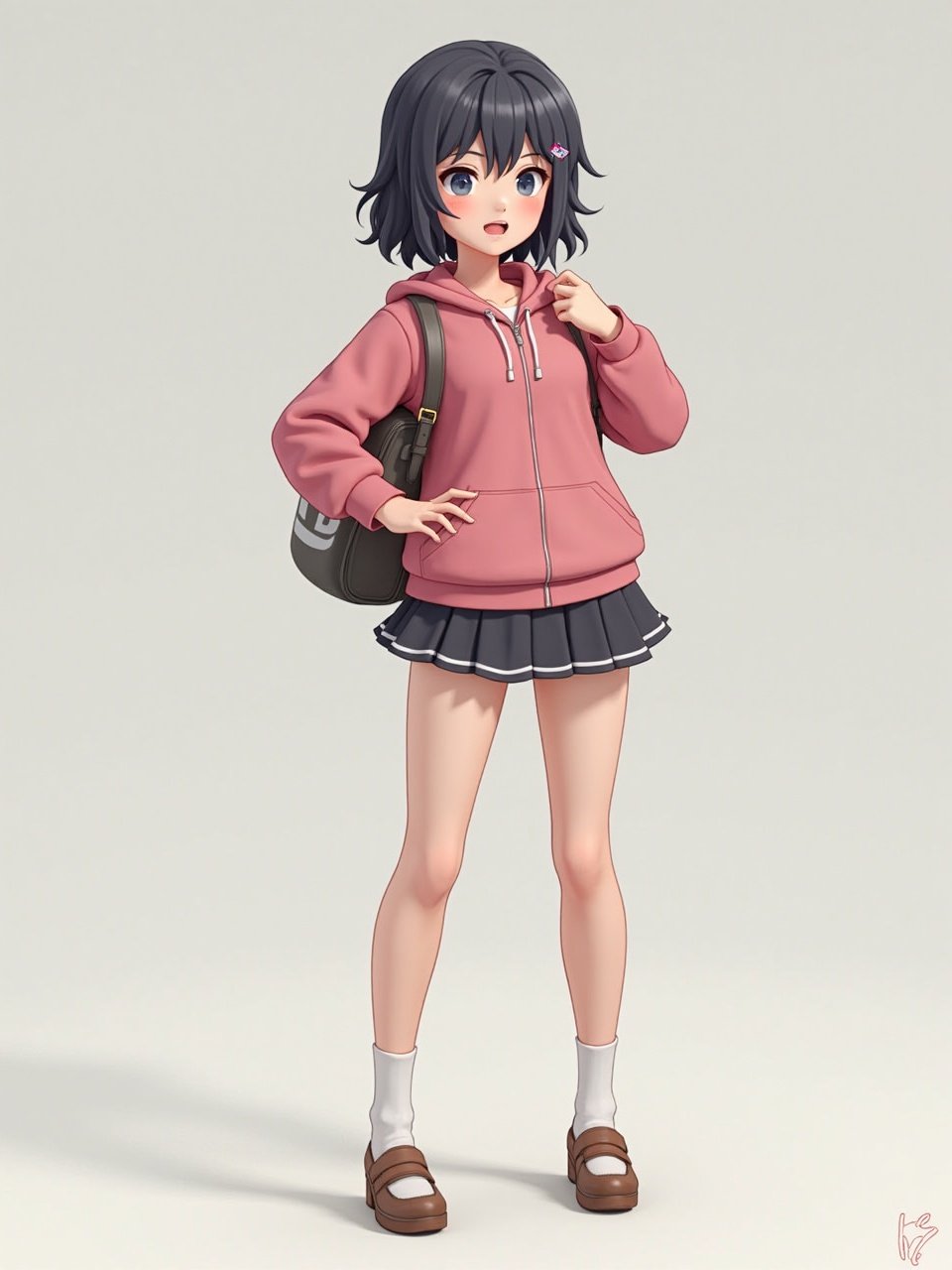 This is an illustration of a young girl with short dark hair, wearing a pink hoodie and a black pleated skirt. She is carrying a backpack over her shoulder and is depicted standing with a casual posture, suggesting a moment before or after school. The style is reminiscent of anime with bright colors and clean lines.