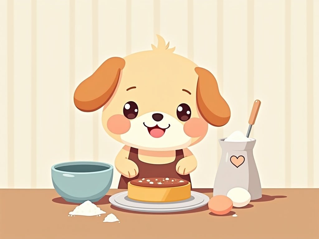 A cartoon dog with floppy ears is happily baking a cake. It stands in front of a table with a bowl and various baking ingredients. The kitchen has a warm and inviting design. The dog has a big smile, showing excitement in its task. There is flour and eggs, enhancing the baking theme. The overall art style is cheerful and perfect for children.