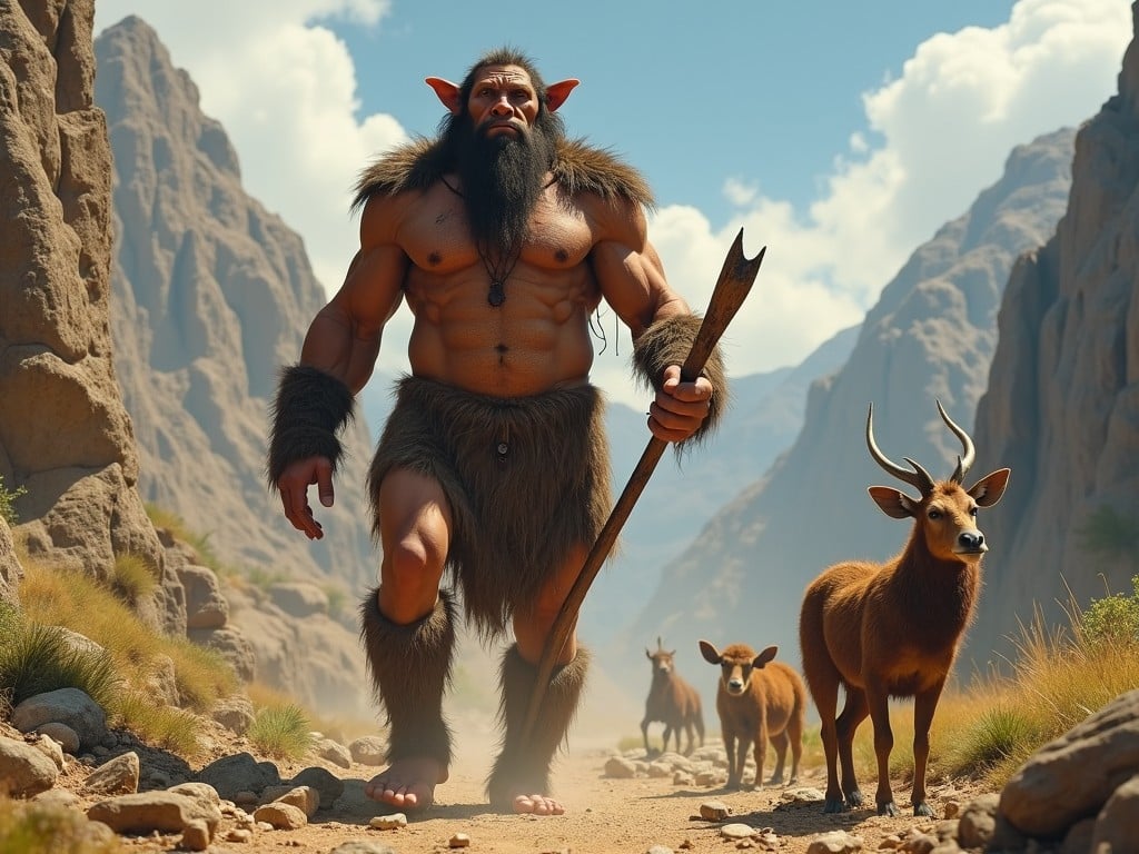 The image depicts a giant humanoid creature standing tall in a rocky landscape. He is muscular, covered in fur, and wielding a spear. Accompanying him are several smaller deer, which adds to the surreal contrast of size. The environment features dramatic cliffs and clear skies, suggesting a sense of adventure. This fantastic scene embodies elements of myth and nature, drawing the viewer into a world of imagination and storytelling.