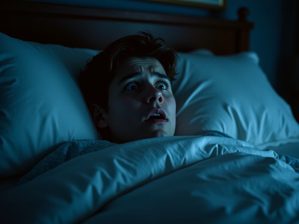 A terrified young person lies awake in bed, covered with white sheets. Their expression shows shock and fear, as they stare wide-eyed towards something unseen. The room is dimly lit, casting eerie shadows. The predominant color is blue, suggesting a late-night atmosphere. This image evokes a sense of suspense and dread, ideal for a horror-themed narrative.