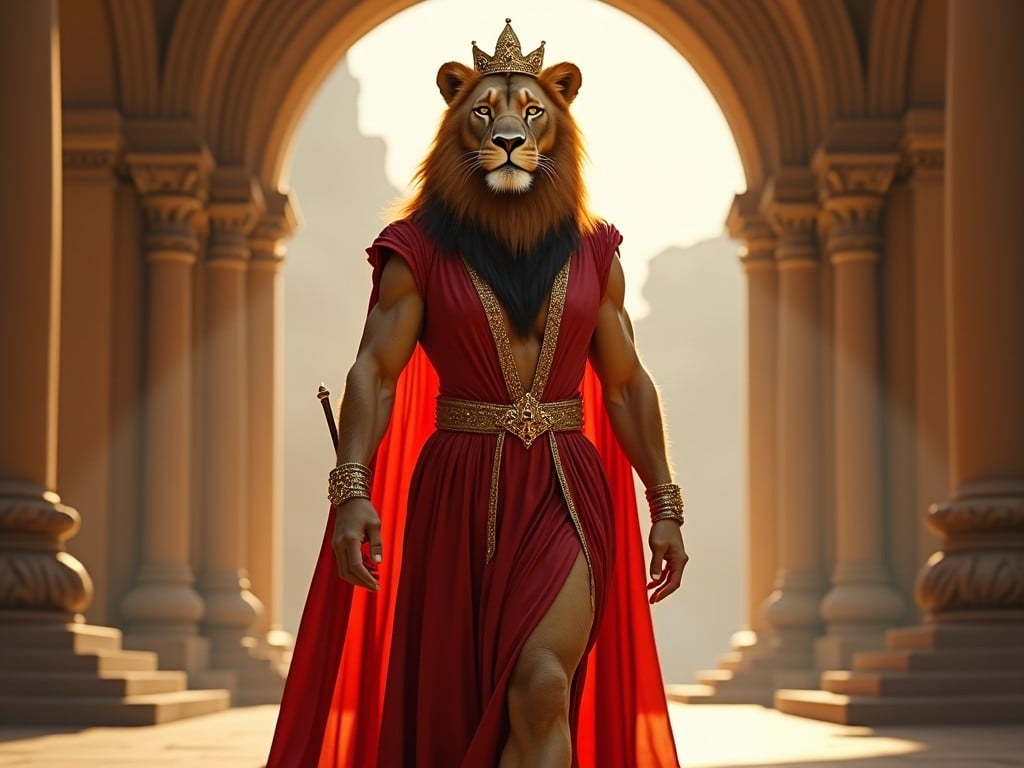 A majestic anthropomorphic lion walking confidently in a grand architectural setting. The lion has a magnificent mane and wears an elegant robe, embodying a king. The light flows through the arches, casting a glorious glow on the character. Surrounding pillars add to the ancient grandeur. The scene evokes a sense of power and nobility, fitting for a mythical story.