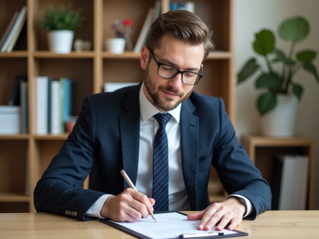 A professional man in a dark suit is seated at a desk, focused on signing a document on a clipboard. The room has a modern office ambiance, with bookshelves in the background and some greenery adding a touch of nature. He wears glasses and has a thoughtful expression as he writes, showcasing a moment of concentration. The lighting is soft and highlights the details of the workspace, enhancing the professional vibe. This image represents the corporate world and productivity in a business environment.