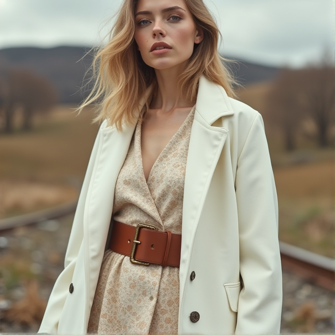 A woman stands outdoors wearing a stylish coat and wide belt on a misty day.