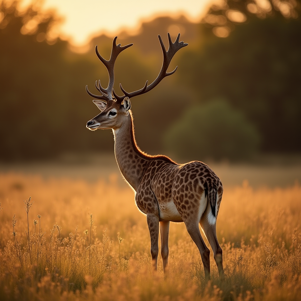 A majestic deer with impressive antlers stands gracefully in a sunlit meadow at sunset.