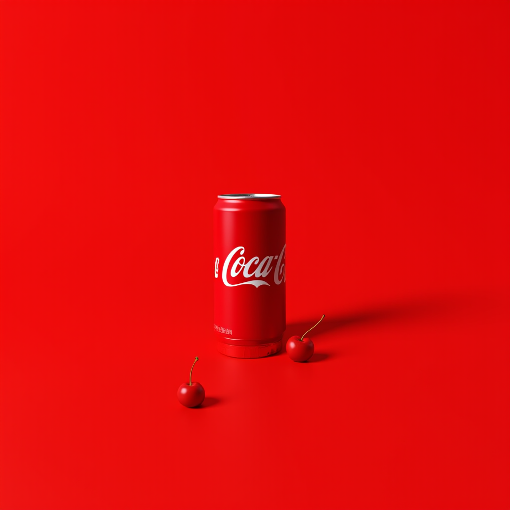 A red soda can and two cherries on a red surface.