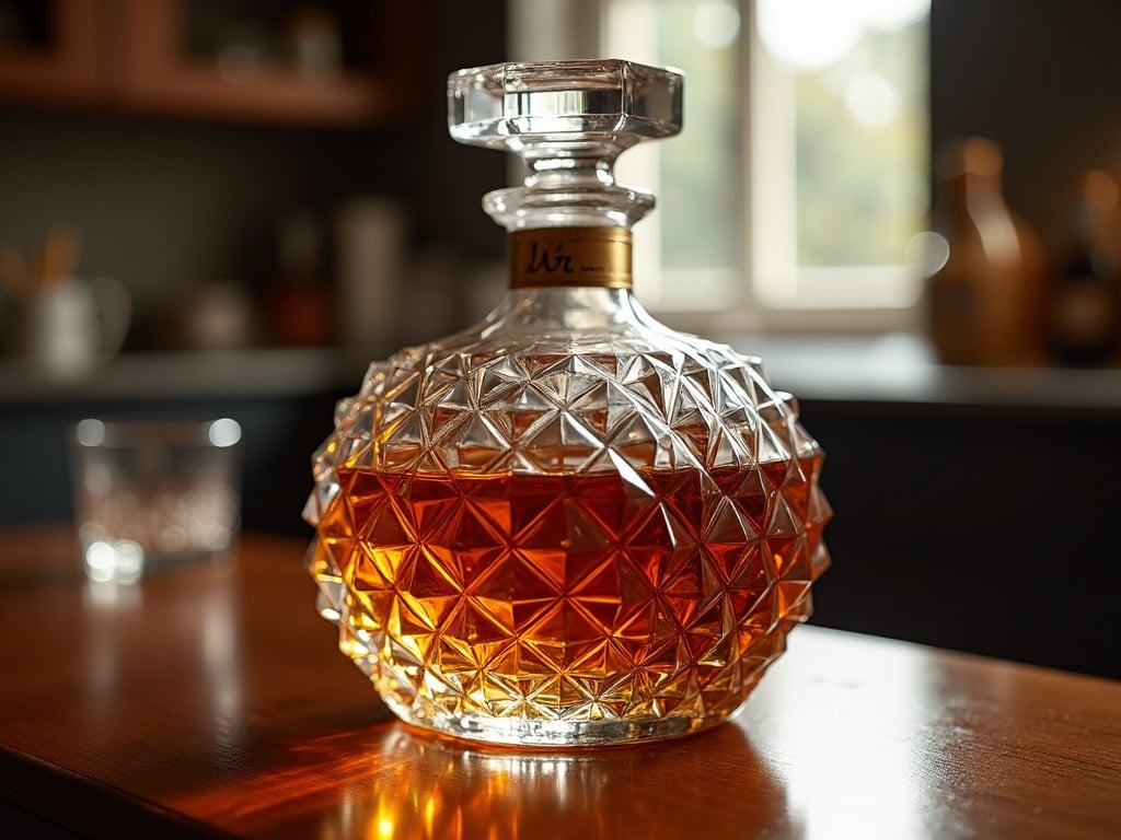 The image captures an elegant glass liquor decanter filled with amber liquid. It is beautifully crafted with intricate diamond patterns. The setting showcases a cozy home bar with soft, warm lighting, creating an inviting atmosphere. A small glass sits nearby, suggesting readiness for a drink. The background features a blurred view of a kitchen, enhancing the focus on the decanter.