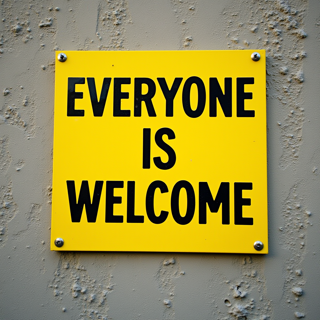 A yellow sign with the message 'Everyone is Welcome' on a textured wall.