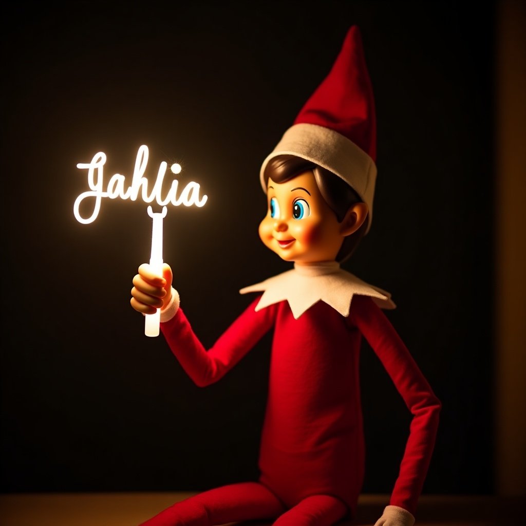 This image features an elf on the shelf character, dressed in traditional red and white attire. The elf is holding a glow stick that forms the name 'Gahlia' in bright, soft light. The background is dark, enhancing the glowing effect of the text. It creates a warm, festive atmosphere, embodying the joy of the holiday season. The scene evokes feelings of magic and cheer associated with Christmas celebrations.