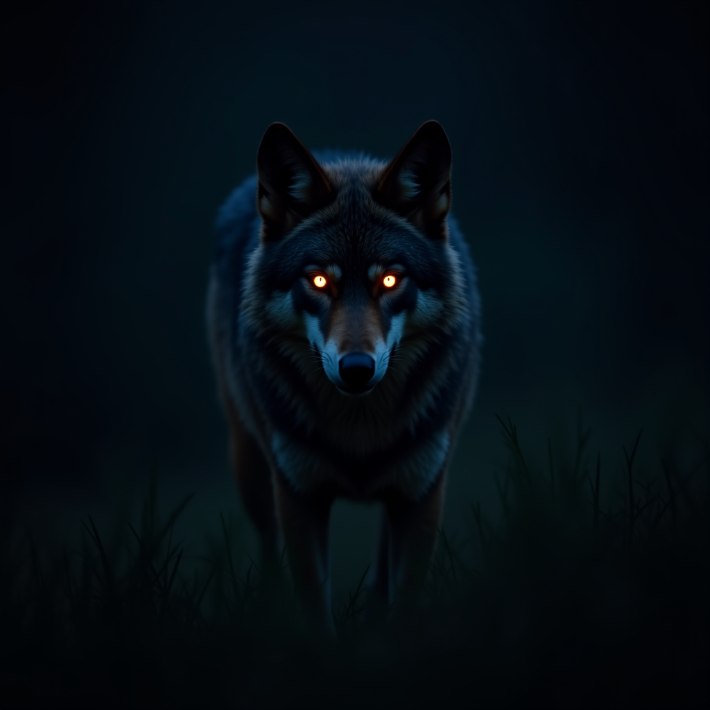 A menacing wolf with glowing orange eyes stands in the dark, surrounded by shadowy grass.