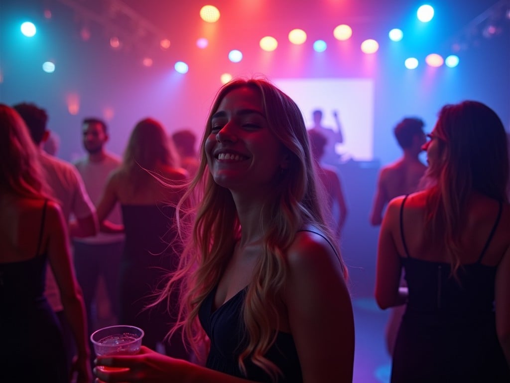 The image captures a lively party atmosphere with a focus on a young woman in the foreground. She is smiling and holding a drink, exuding a sense of joy and engagement. The background features a crowd dancing under colorful lights, creating an energetic mood. Soft lighting highlights the subject’s wavy hair and stylish outfit. The scene encapsulates the essence of nightlife and social interaction among friends.