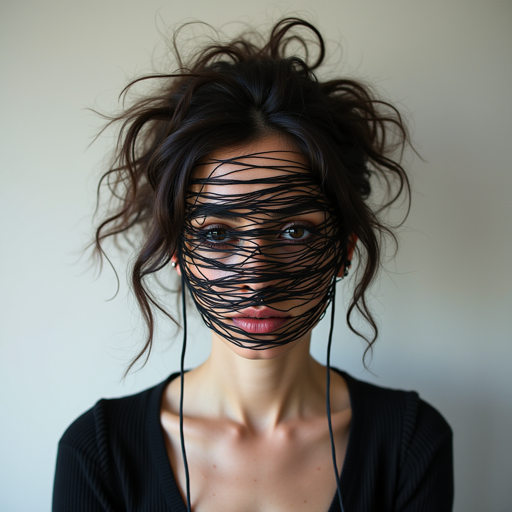 A woman with dark hair is wrapped in black string across her face.