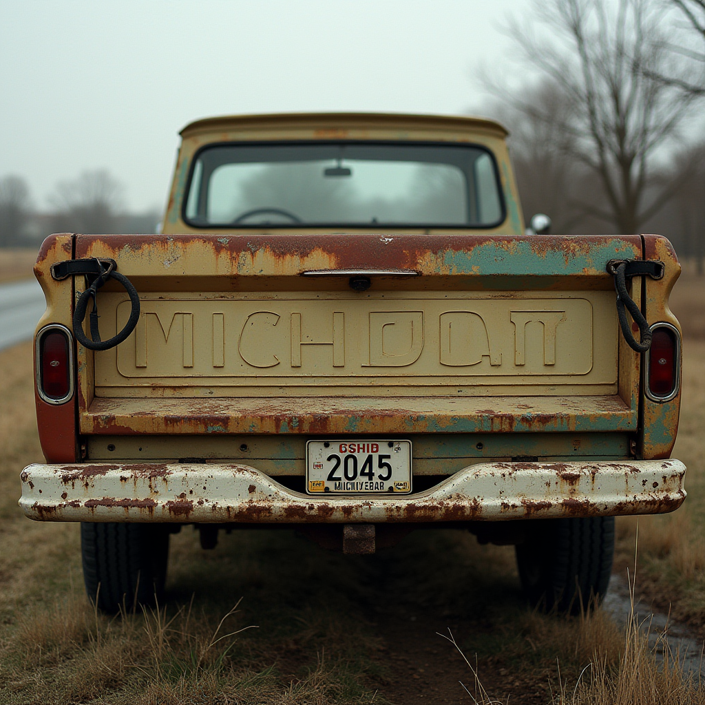 A vintage, weathered truck with a rusty tailgate and visible license plate, parked in a rural setting.