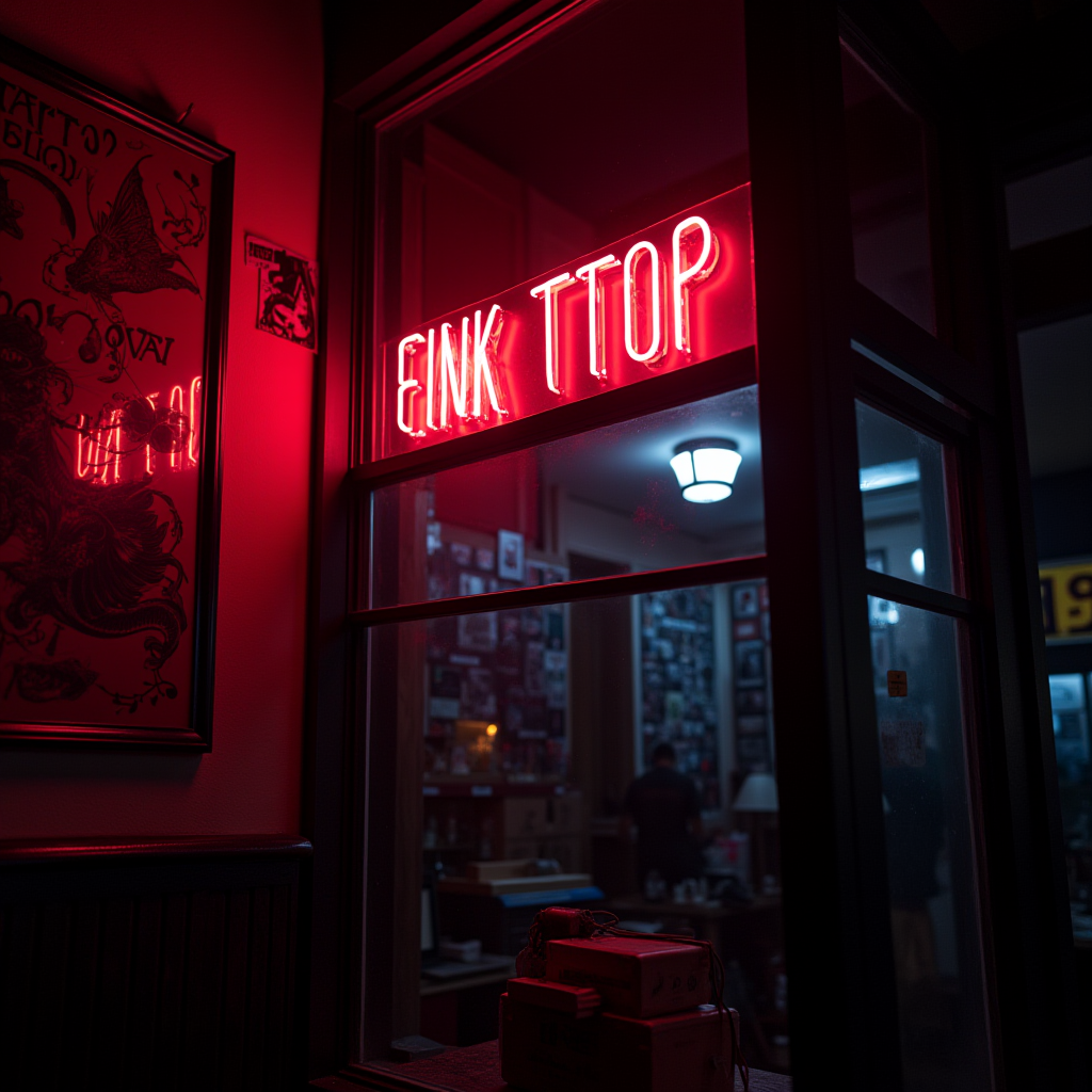 A dimly lit interior with a red neon sign reading 'INK TTTO' illuminating a cozy room filled with pictures.