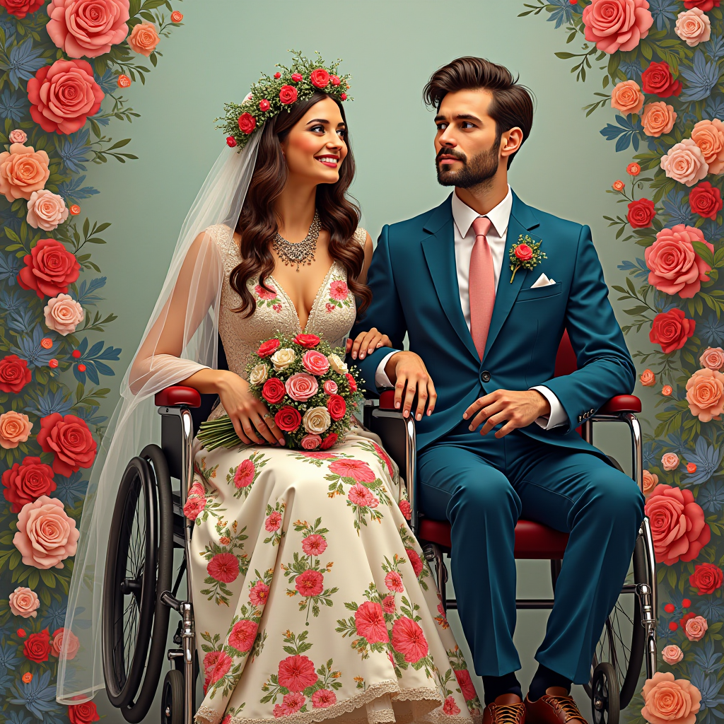 An elegant couple in wedding attire with floral accents, sitting closely in wheelchairs and smiling at each other.