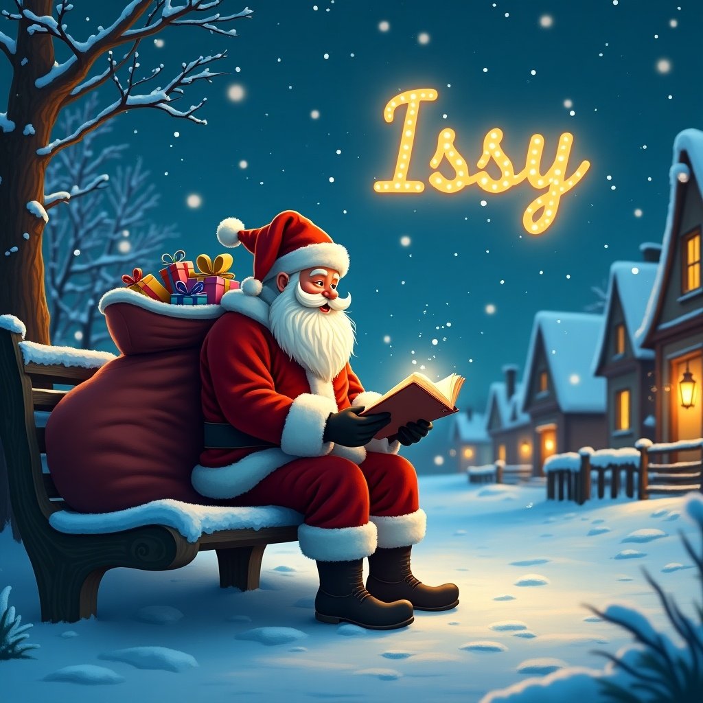 This image depicts Santa Claus in a tranquil snowy village at night. He sits on a bench, reading a notebook with a content smile. In the sky, the word 'Issy’ is beautifully illuminated. The scene is cozy, with snow gently falling and warm lights glowing from nearby houses. Santa’s bag filled with gifts rests beside him, adding to the festive vibe.