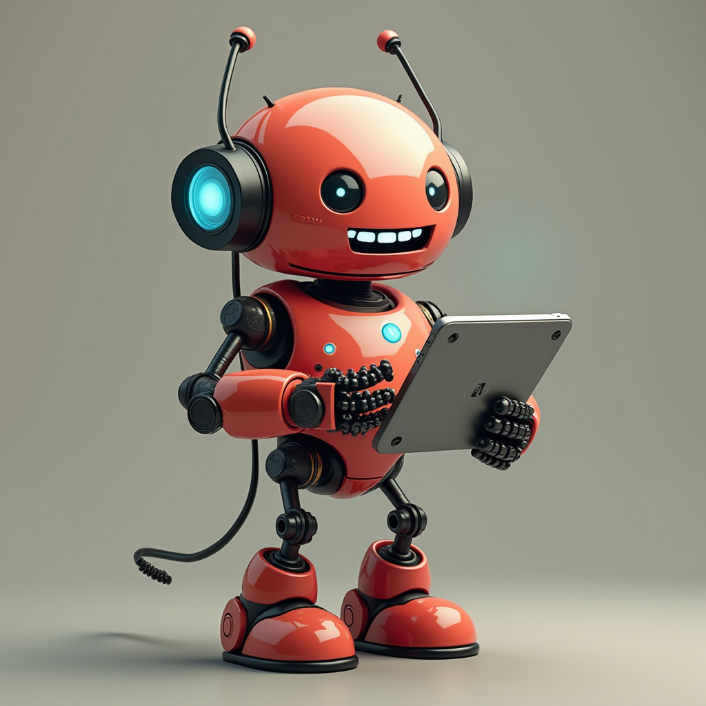 A cheerful, red robot holding a tablet, with antennas and glowing headphones against a neutral background.