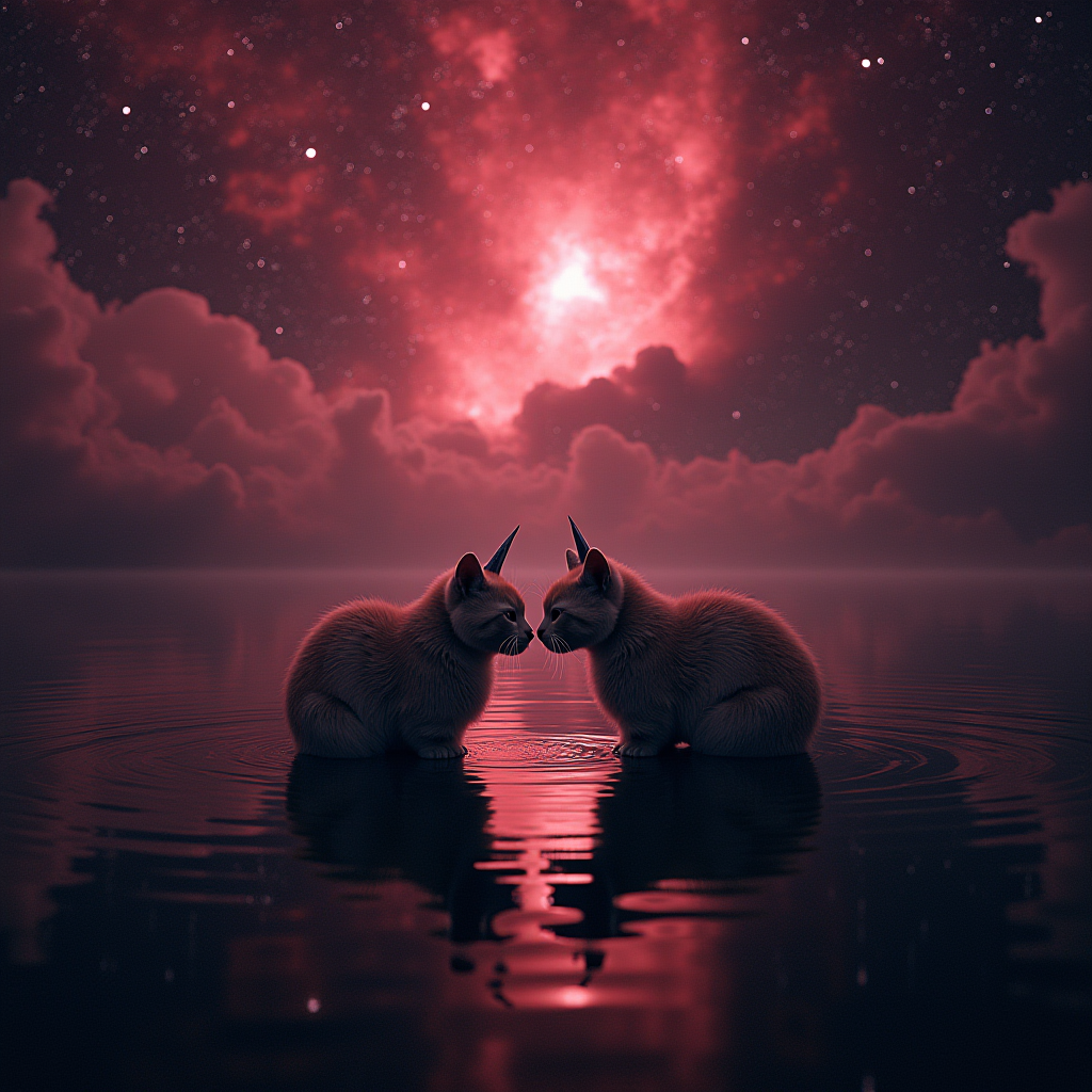 Two mythical creatures resembling cats with horns sit in serene water under a starlit sky.