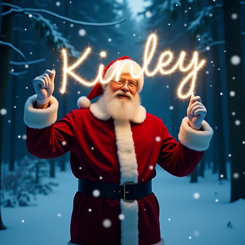 A magical Christmas scene featuring Santa Claus dressed in his traditional red suit with fluffy white trim. He is standing in a snowy forest illuminated by a soft, enchanting glow. In his hand, he holds a glow stick that spells out the word 'Kinley' in sparkling letters. The atmosphere is festive and joyful, capturing the essence of the holiday season. Light snowflakes can be seen falling around him, adding to the winter wonderland feel. This image embodies the spirit of Christmas, love, and belief.