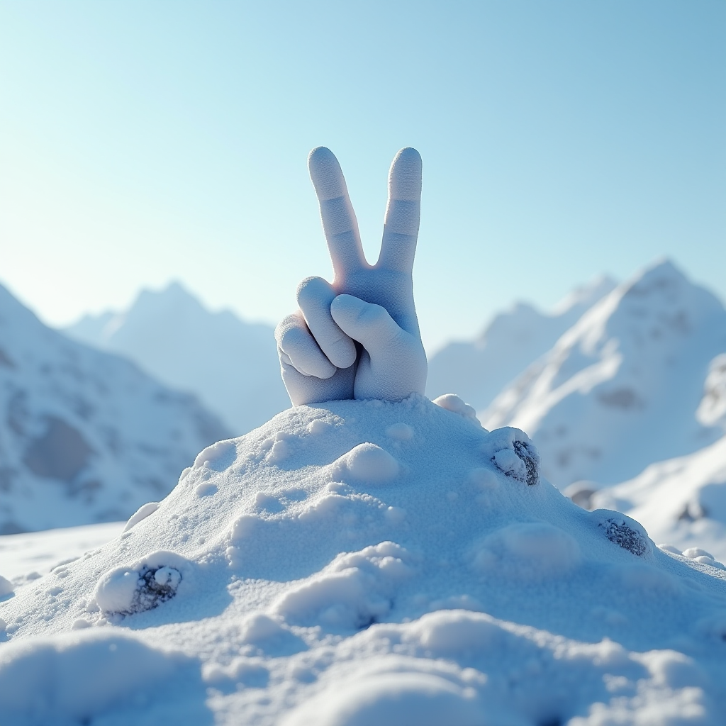 A snow-covered hand making a peace sign emerges from a snowy mountain landscape.