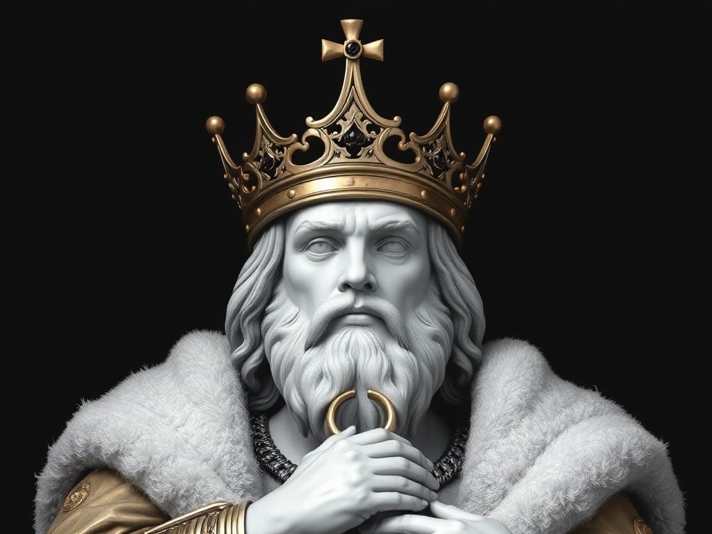 A striking statue of a king exuding power and solemnity, clad in a plush, fur-lined cloak and adorned with an ornate golden crown. The figure's expression is thoughtful and commanding, suggesting wisdom and authority. The dark background enhances the focus on the king, highlighting the intricate details of the sculpture.