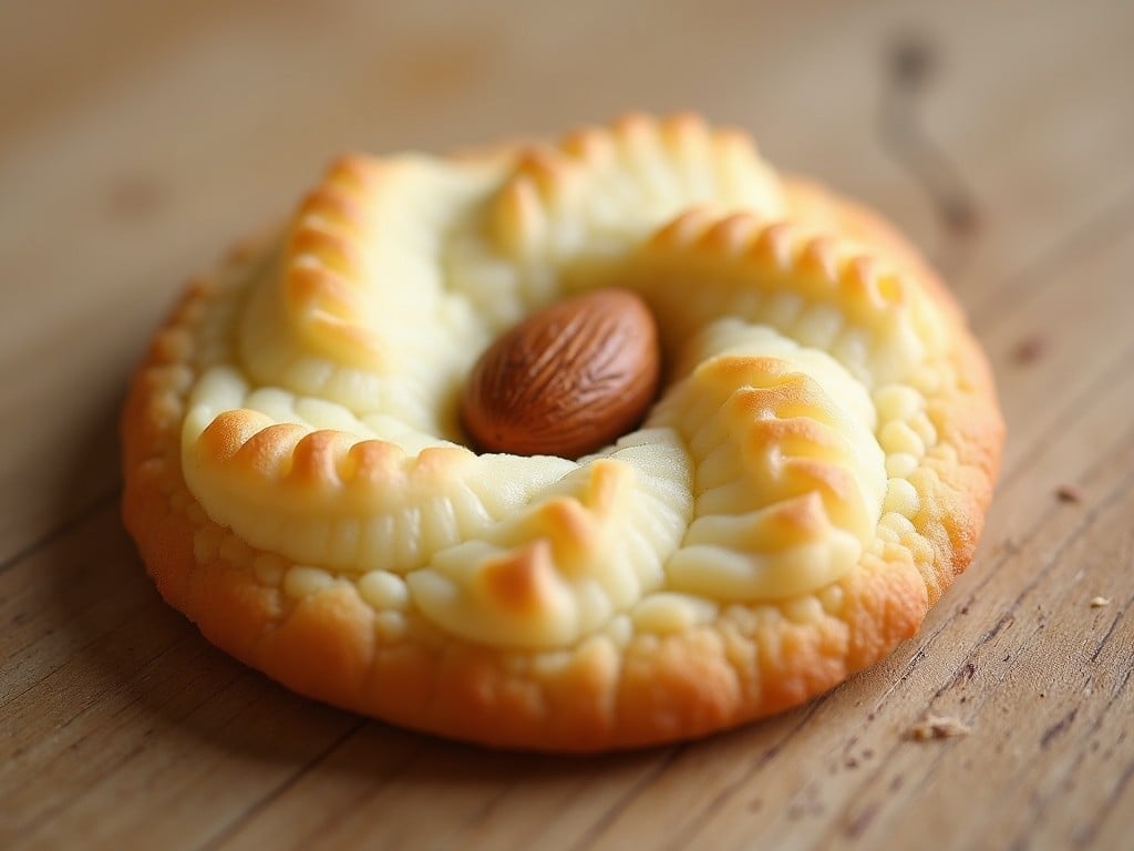 A close-up image of a beautifully decorated cookie with an almond in the center, set on a wooden surface, captured in soft natural lighting.