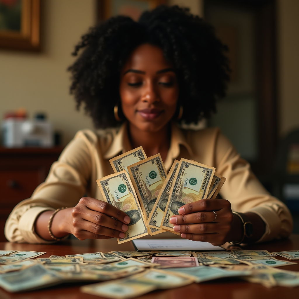 A person sits at a table, happily counting stacks of dollar bills.